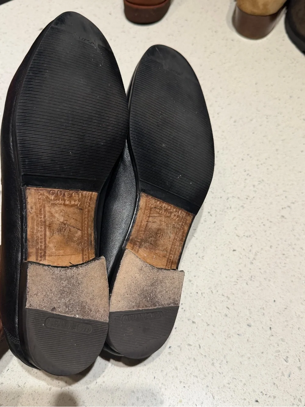 Gucci Black Leather Loafers with Green and Red Web and Gold Horsebit